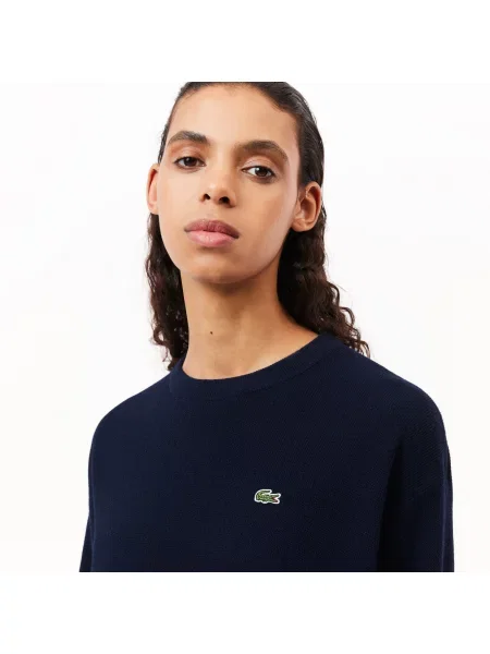 Lacoste Sweter Z Okrągłym Dekoltem Z Wełny granatowy