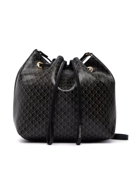 Ročna torba Calvin Klein Emblem Aop Drawstring Bucket črna