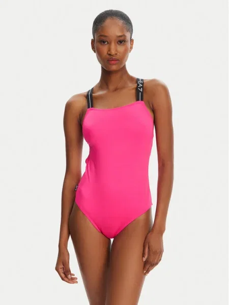 Plavky Emporio Armani Logo Tape One Piece neon pink ružová