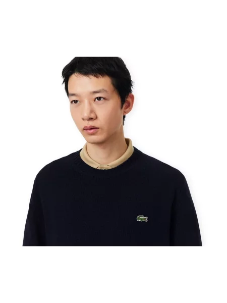 Vlnený sveter Lacoste s okrúhlym výstrihom modrá