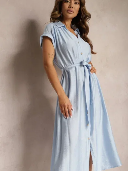 Rochie Cloș în Stil Cămașă cu în Talie și Rosofia albastră