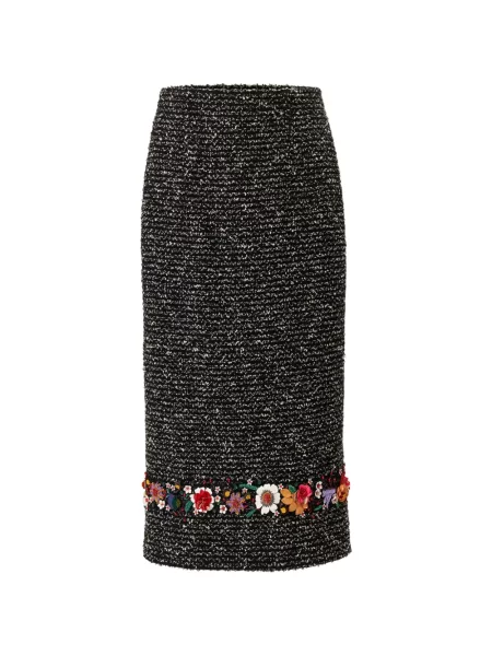 Fustă midi Carolina Herrera cu broderie cu model floral din tweed negru