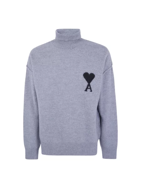 Lniany sweter z golfem Ami Paris szary
