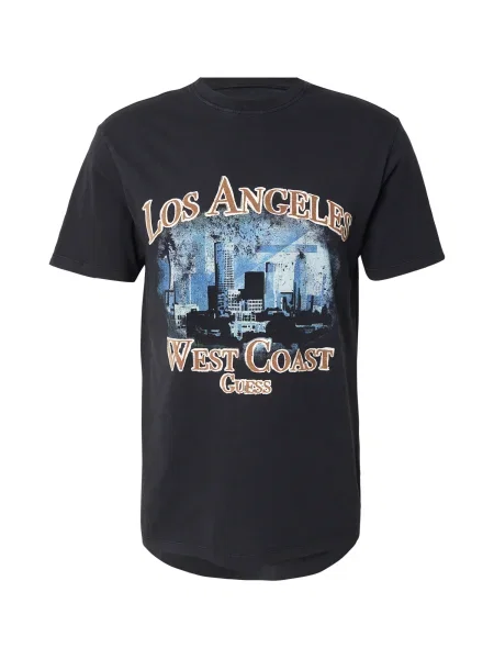 GUESS Tricou albastru / maro deschis alb negru