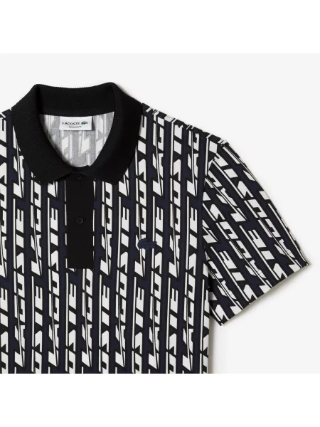 Lacoste Dwukolorowa Koszulka Polo Z Nadrukiem I Elastyczną Pikowaną Tkaniną Lacoste czarna