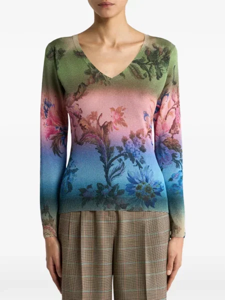 Pulover Etro cu model floral cu decolteu în V roz