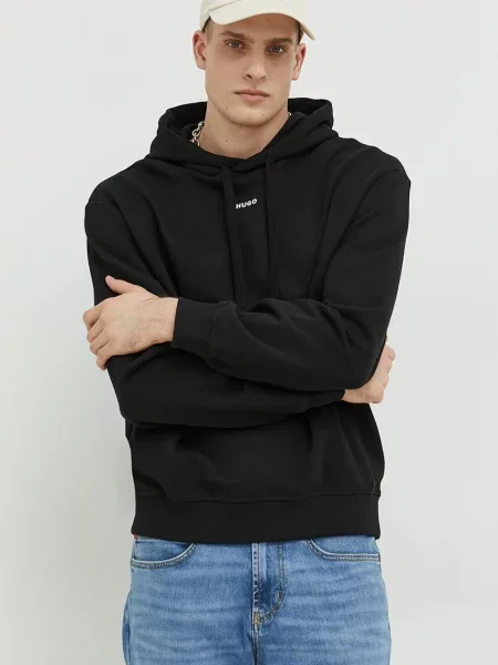 Dukserica HUGO za muškarce s kapuljačom glatka crna