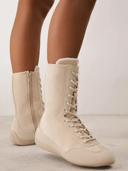 Wysokie Sneakersy Typu Boxing Boots z Ocieplaną Wyściółką Tilpera beżowe