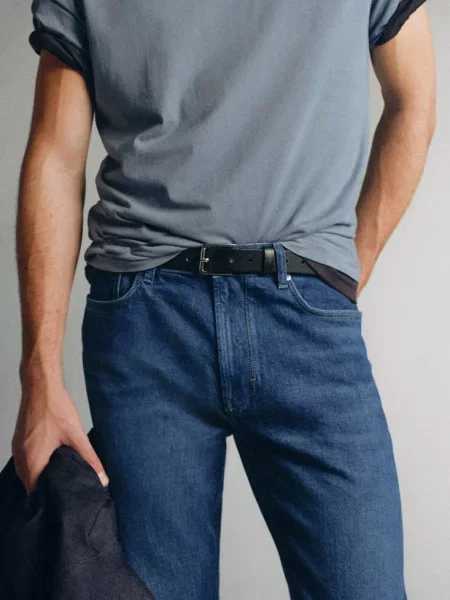 Jeansy slim fit z denimu Candiani Mężczyzna 46 MANGO MAN ciemnoniebieski