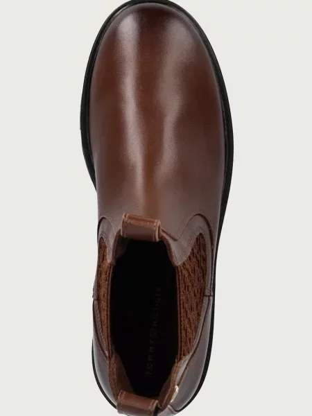 Tommy Hilfiger боти челси дамски от кожа TH MONOGRAM LEATHER CHELSEA BOOT кафяво