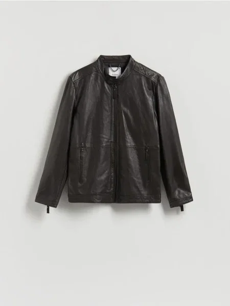 Reserved Geacă de piele cu guler înalt maro-închis maro