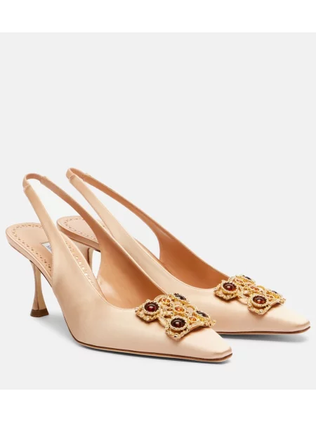 Pantofi cu toc Manolo Blahnik din satin slingback roz