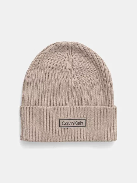 Czapka z dzianiny z dodatkiem kaszmiru i naszywką z logo Calvin Klein beżowa