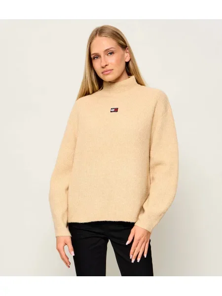 Pulover Tommy Jeans de lână cu guler înalt bej