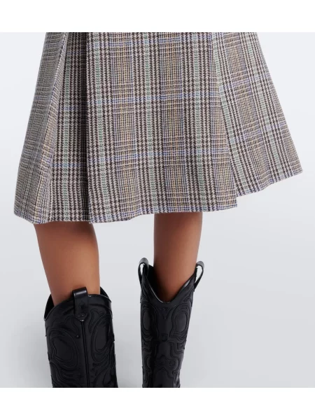 Fustă midi Acne Studios de lână în carouri maro