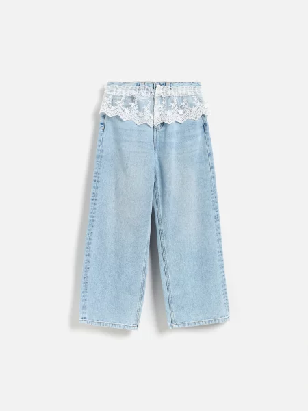 Reserved Jeansy wide leg z koronkowym detalem niebieski