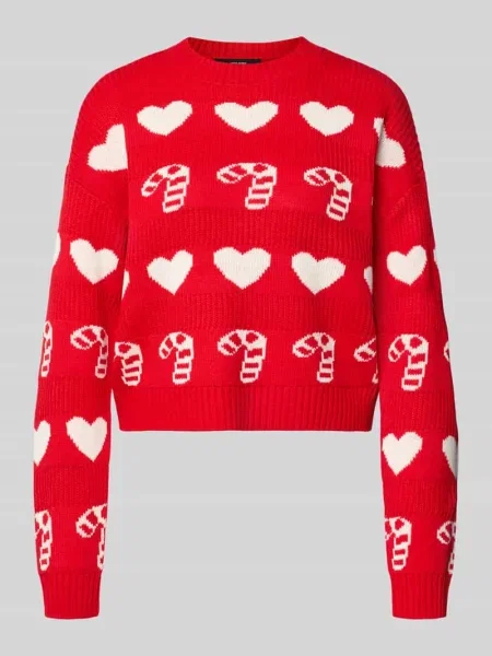 Sweter świąteczny o kroju regular fit z okrągłym dekoltem model ‘CANDYHEARTS’ Vero Moda czerwony