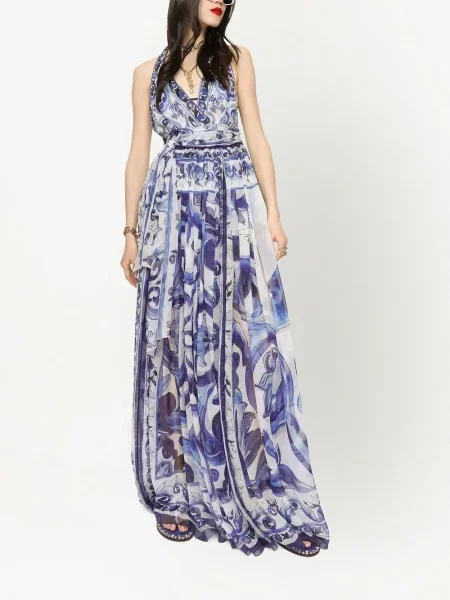 Raštuotas kostiumas maxi suknele Dolce & Gabbana apynasris kaklas balta