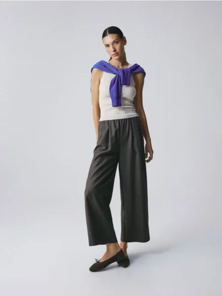 Reserved Pantaloni wide leg cu lână verde-maroniu verde