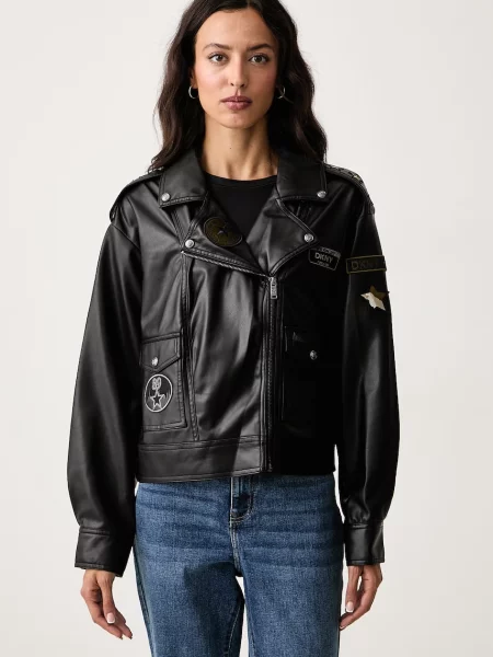 DKNY geacă de biker pentru femei din imitație de piele negru