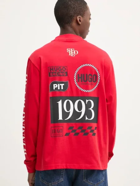Majica dugih rukava HUGO za muškarce s tiskom crvena