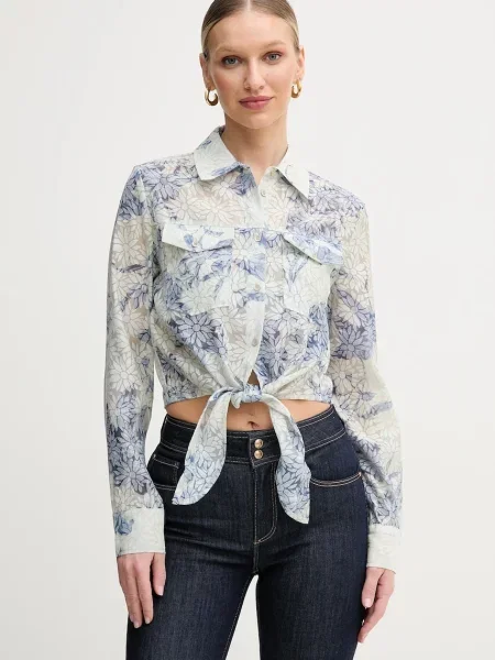 Риза Guess ADELAIDE дамска със стандартна кройка с класическа яка бежово