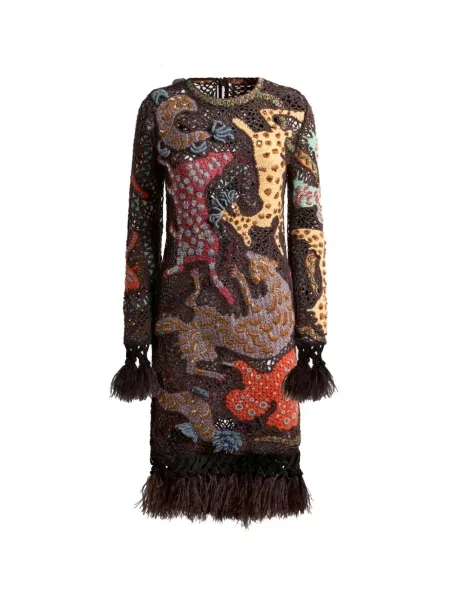 Rochie mini Etro de lână cu pene maro