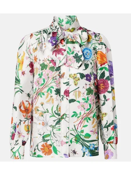 Cămașă Gucci de mătase cu model floral cu legături alb