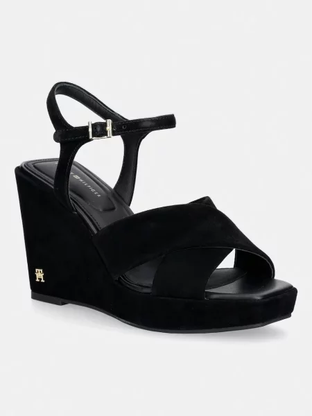 Tommy Hilfiger sandale wedges din piele întoarsă SUEDE WRAPPED HIGH WEDGE negru