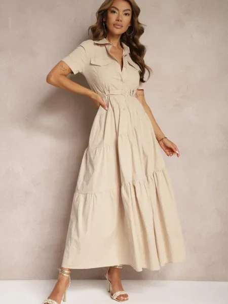 Sukienka o Rozkloszowana Zwężana w Talii Nenefia beżowa