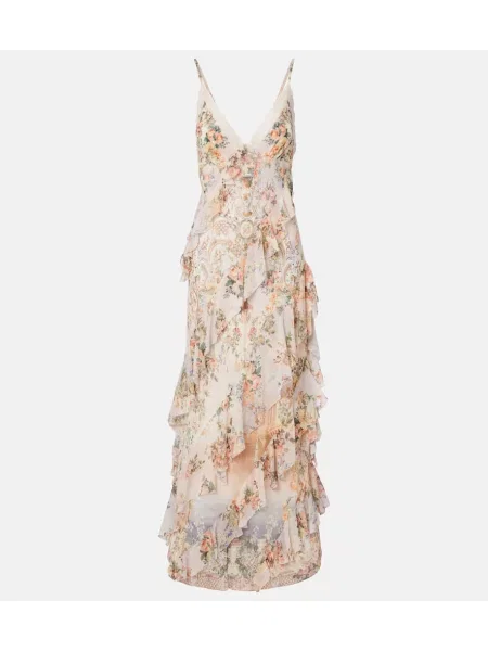 Rochie maxi Camilla de mătase cu model floral cu volane roz