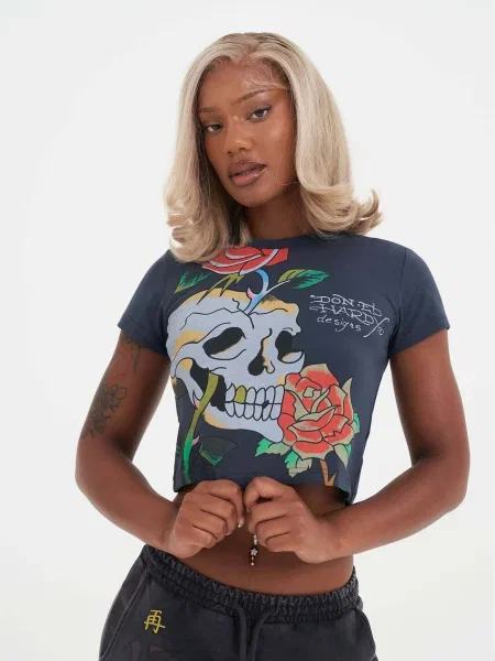 Ed Hardy Tričko Totenkopf Kletterrose tyrkysová / svetlomodrá / tmavosivá oranžová