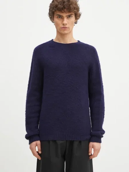 Norse Projects pulover de lână Birnir Brushed Lambswool bărbați bleumarin călduros