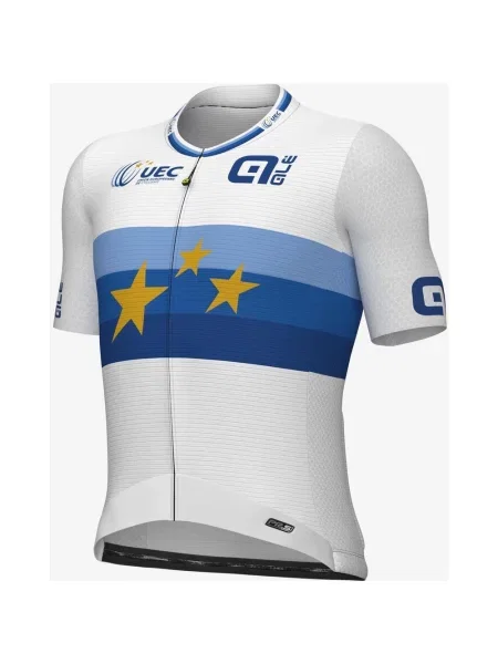 Koszulka rowerowa UEC Champion Europe PR-S jasnoniebieski ciemnoniebieski żółty krótki rękaw M biały