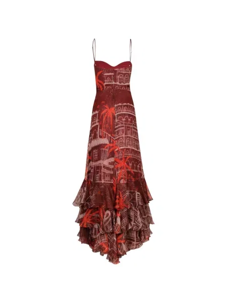 Rochie maxi Johanna Ortiz cu volane de costum roșu