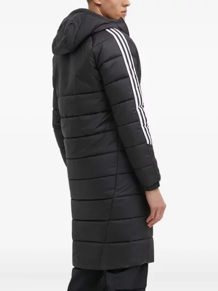 Geacă cu puf Adidas din piele de căprioară cu dungi cu glugă albastru