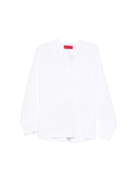 Bluzka Thelatest z dekoltem w serek z długim rękawem biała