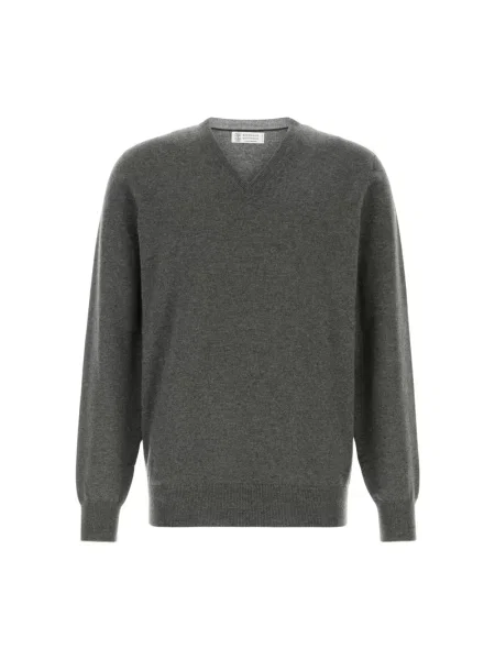 Sweter Brunello Cucinelli z dekoltem w serek szary