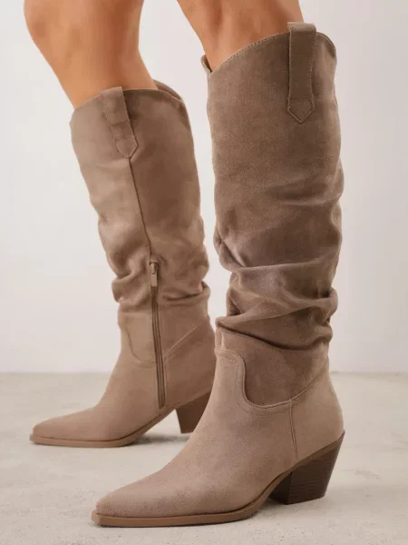 Cizme Ideal din piele cu toc conic conici bej
