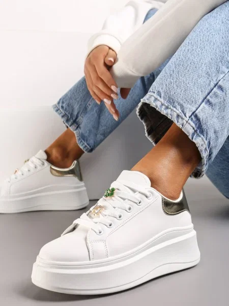 Sneakers Albi-Aurii Decorați cu Pietre și Flori pe Talpă Groasă Rainasse alb