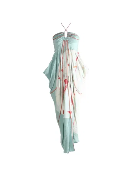 Rochie maxi Yangkehan de mătase cu model floral cu imagine albastru