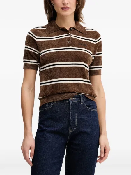 Tricou polo Oui cu dungi din material terry maro