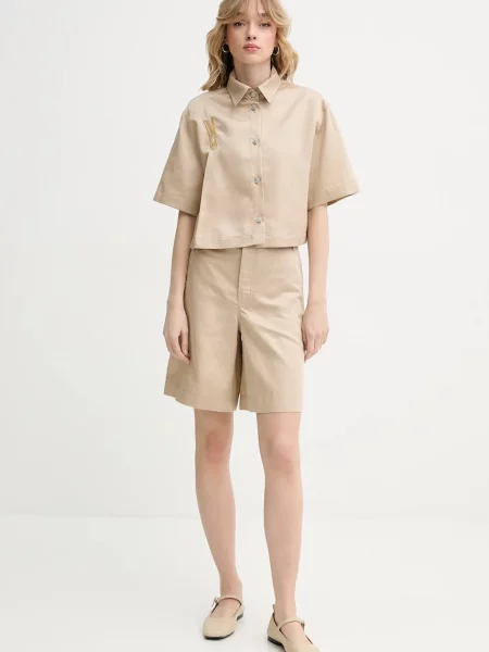 Шорти з домішкою льону Moschino Jeans з аплікацією висока посадка бежевий