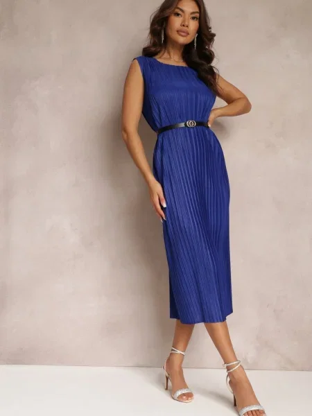 Rochie midi bleumarin cu pliuri și cu cataramă Lanaia