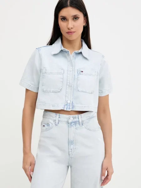 Tommy Jeans cămașă de bluză standard pentru femei cu guler clasic albastră