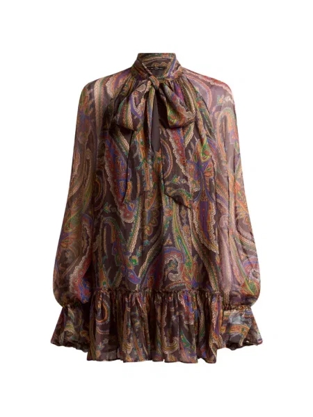 Svilena mini haljina Etro s volanima s paisley uzorkom smeđa