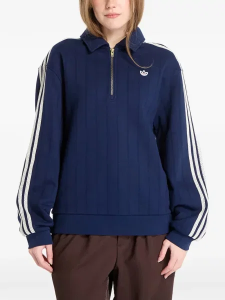 Tricou cu dungi Adidas din fleece cu glugă albastru