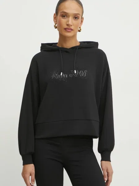 Armani Exchange bluză femei cu glugă cu imprimeu negru
