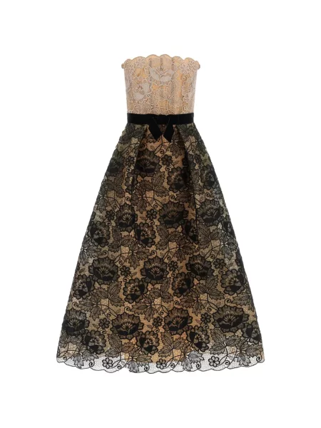 Rochie maxi Elie Saab cu model floral din dantelă fără bretele negru