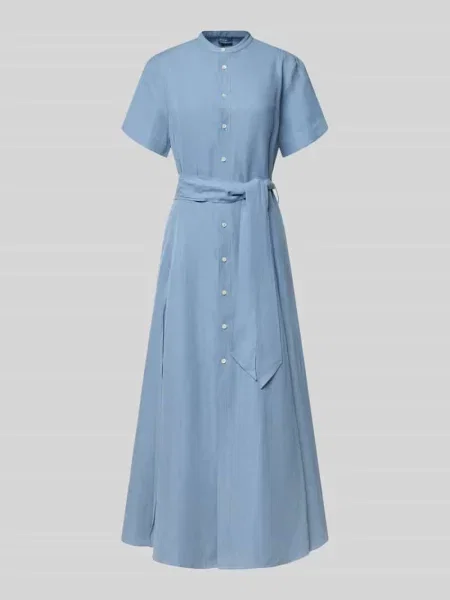 Sukienka midi taliowana z mieszanki jedwabiu i lnu z dodatkiem bawełny Polo Ralph Lauren niebieska